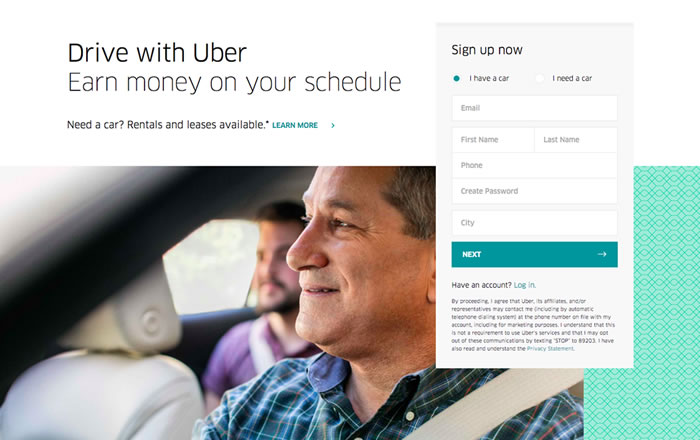 Uber landing page example